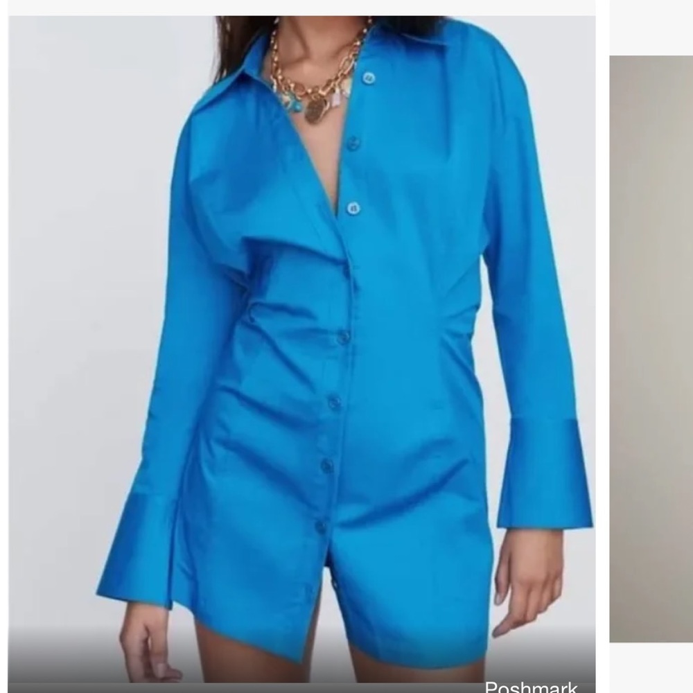 Zara/ bright blue mini dress- button up